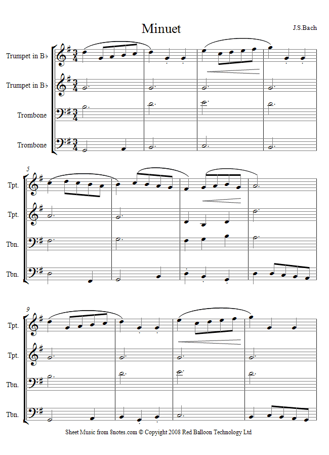 Bach - Minuet (2 trumpets, 2 trombones) sheet music for Brass Quartet Bach - Minuet (2 trumpets, 2 trombones) sheet music for Brass Quartet