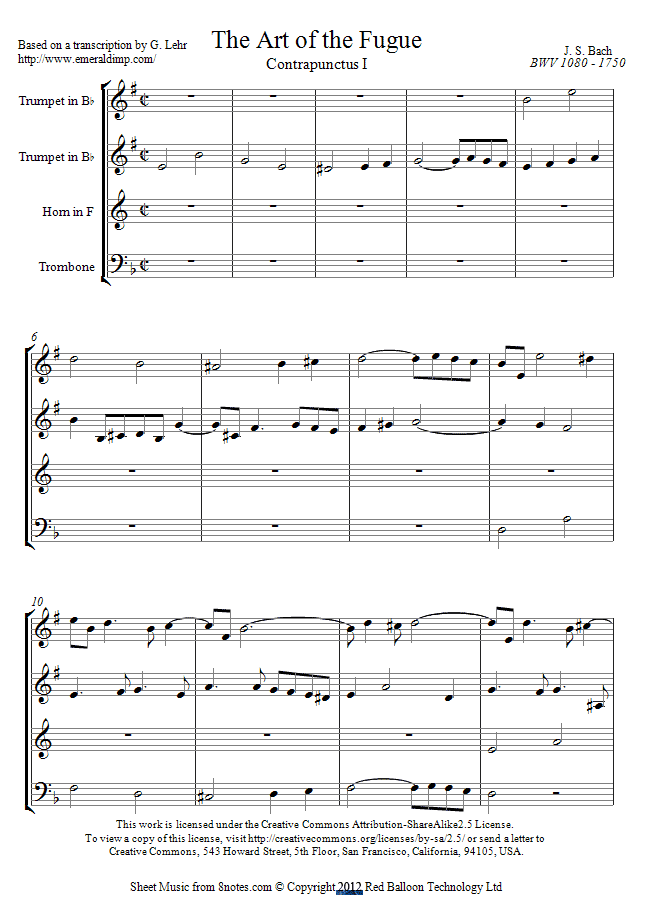 Bach - Contrapunctus 1 from the Art of Fugue sheet music for Brass Quartet Bach - Contrapunctus 1 from the Art of Fugue sheet music for Brass Quartet