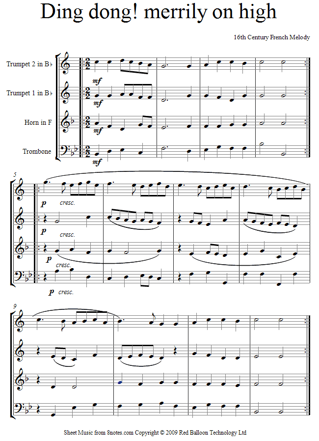 Ding Dong Merrily on High sheet music for Brass Quartet - 8notes.com