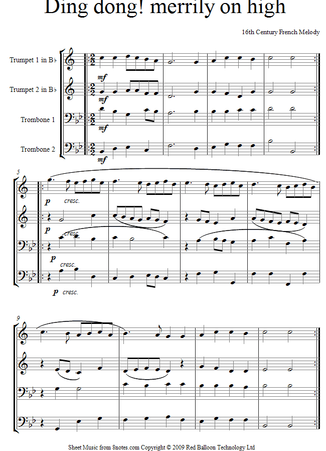 Ding Dong Merrily on High (2 trumpets, 2 trombones) sheet music for Brass Quartet Ding Dong Merrily on High (2 trumpets, 2 trombones) sheet music for Brass Quartet