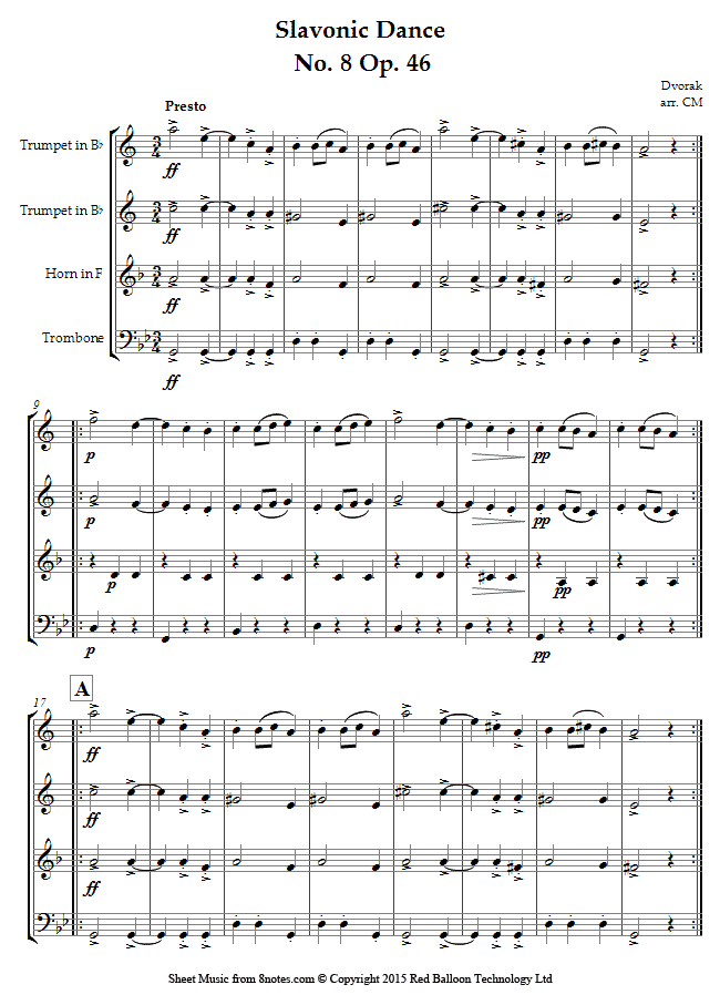 ﻿Dvořák Slavonic Dance No. 8 Op. 46 sheet music for Brass Quartet