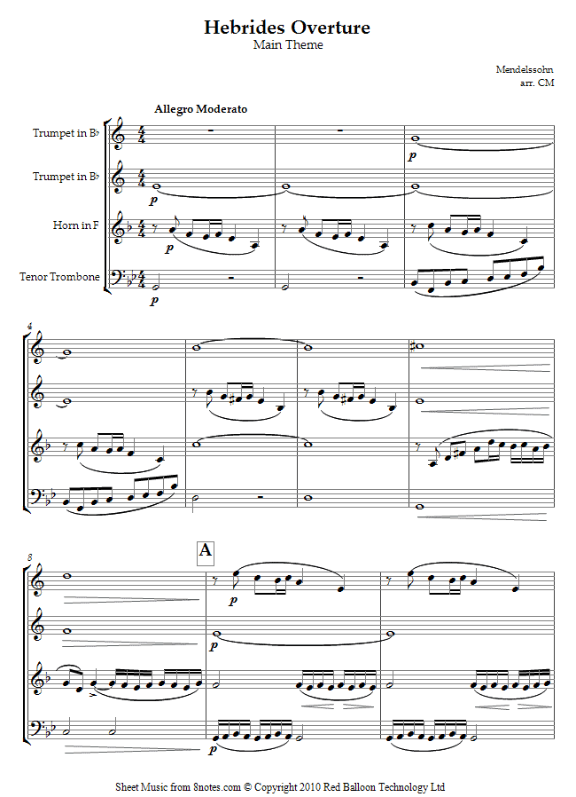 Mendelssohn - Hebrides Overture (Fingals Cave) main theme sheet music for Brass Quartet Mendelssohn - Hebrides Overture (Fingals Cave) main theme sheet music for Brass Quartet