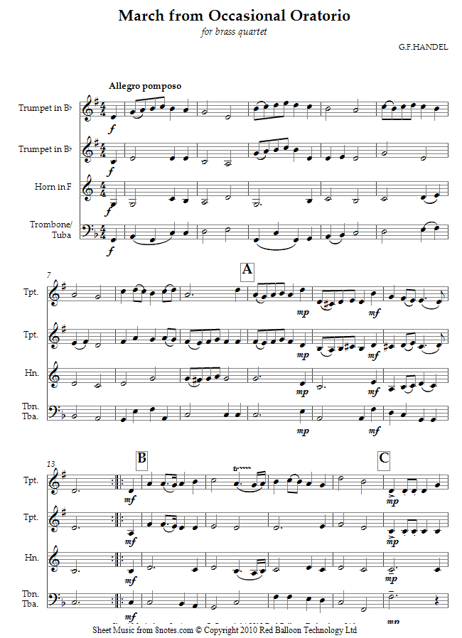 Handel - March from Occasional Oratorio sheet music for Brass Quartet Handel - March from Occasional Oratorio sheet music for Brass Quartet