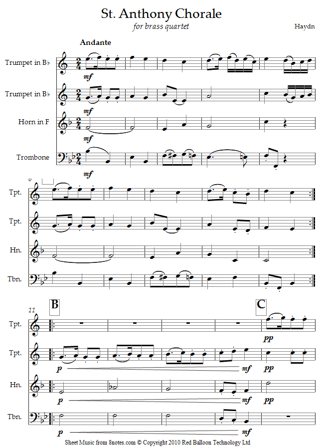 Haydn - St. Anthony Chorale sheet music for Brass Quartet Haydn - St. Anthony Chorale sheet music for Brass Quartet