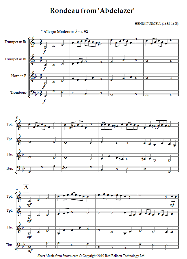 Purcell - Rondeau from Abdelazer sheet music for Brass Quartet Purcell - Rondeau from Abdelazer sheet music for Brass Quartet