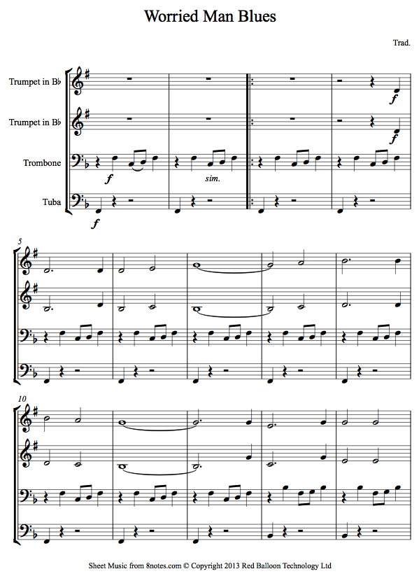 Worried Man Blues sheet music for Brass Quartet Worried Man Blues sheet music for Brass Quartet