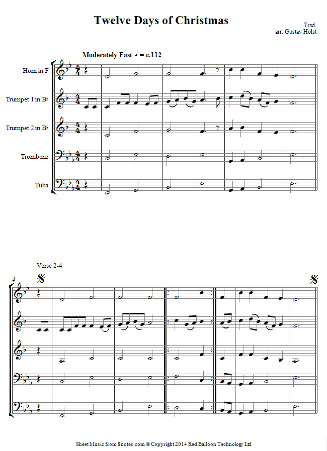12 Days of Christmas sheet music for Brass Quintet