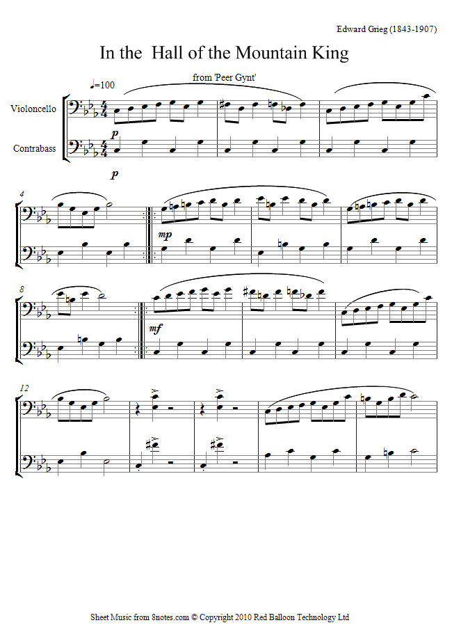 Grieg - In the Hall of the Mountain King sheet music for Cello-Bass Duet Grieg - In the Hall of the Mountain King sheet music for Cello-Bass Duet