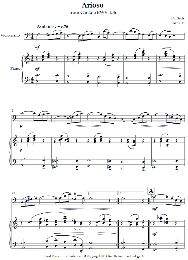 Bach - Arioso from Cantata BWV 156 sheet music for Cello Bach - Arioso from Cantata BWV 156 sheet music for Cello