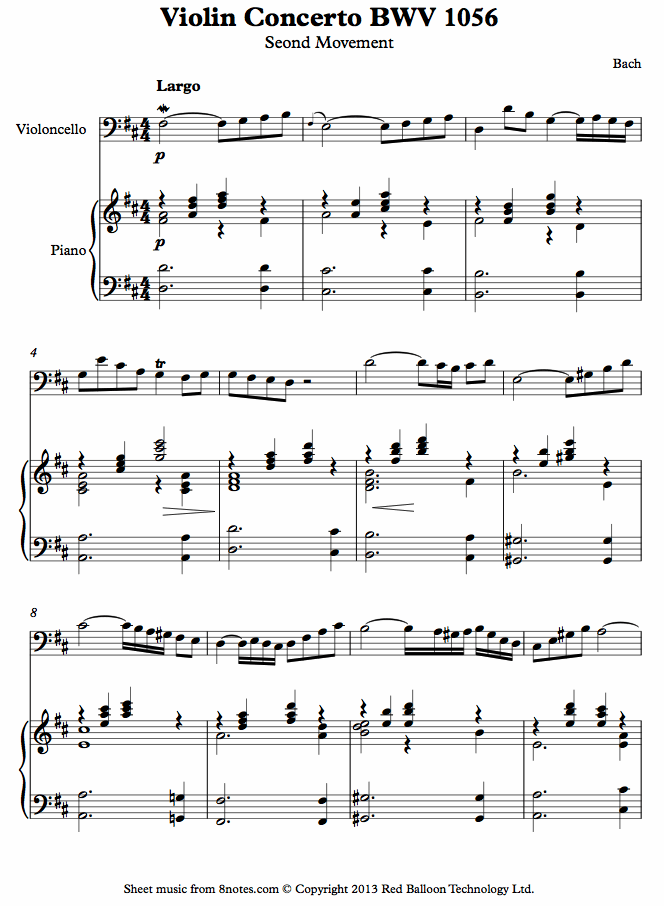 Bach - Violin Concerto 2nd mvt (arranged for cello) sheet music for Cello Bach - Violin Concerto 2nd mvt (arranged for cello) sheet music for Cello