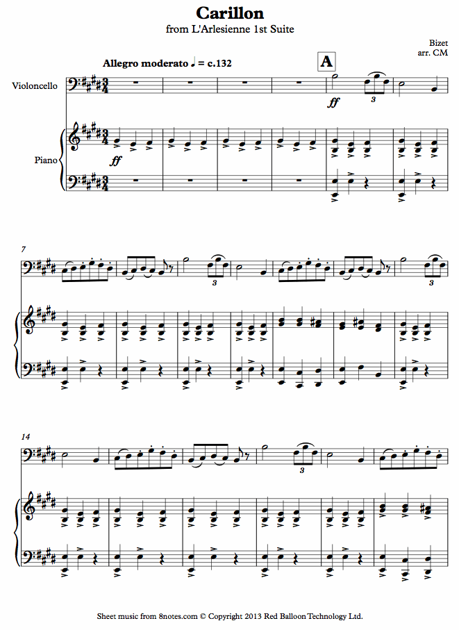 Bizet - Carillon from L'Arlesienne 1st Suite sheet music for Cello Bizet - Carillon from L'Arlesienne 1st Suite sheet music for Cello
