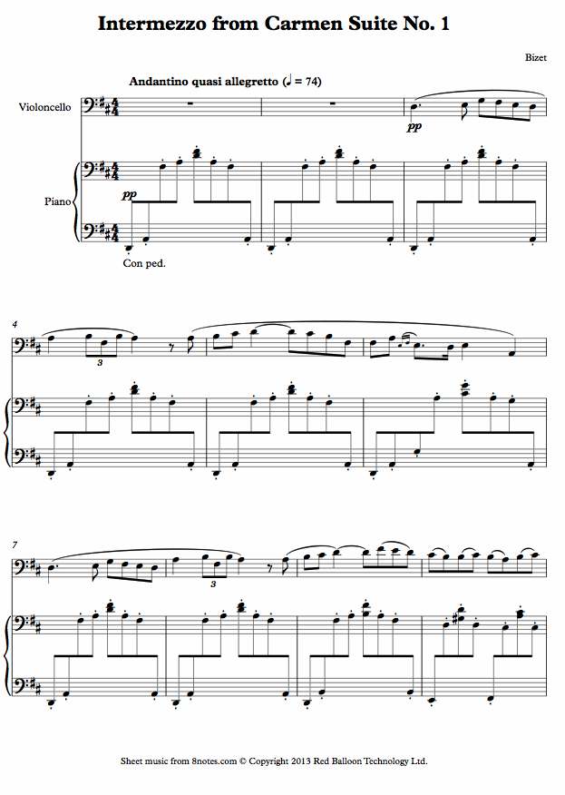 Bizet - Intermezzo from Carmen Suite No. 1 sheet music for Cello Bizet - Intermezzo from Carmen Suite No. 1 sheet music for Cello