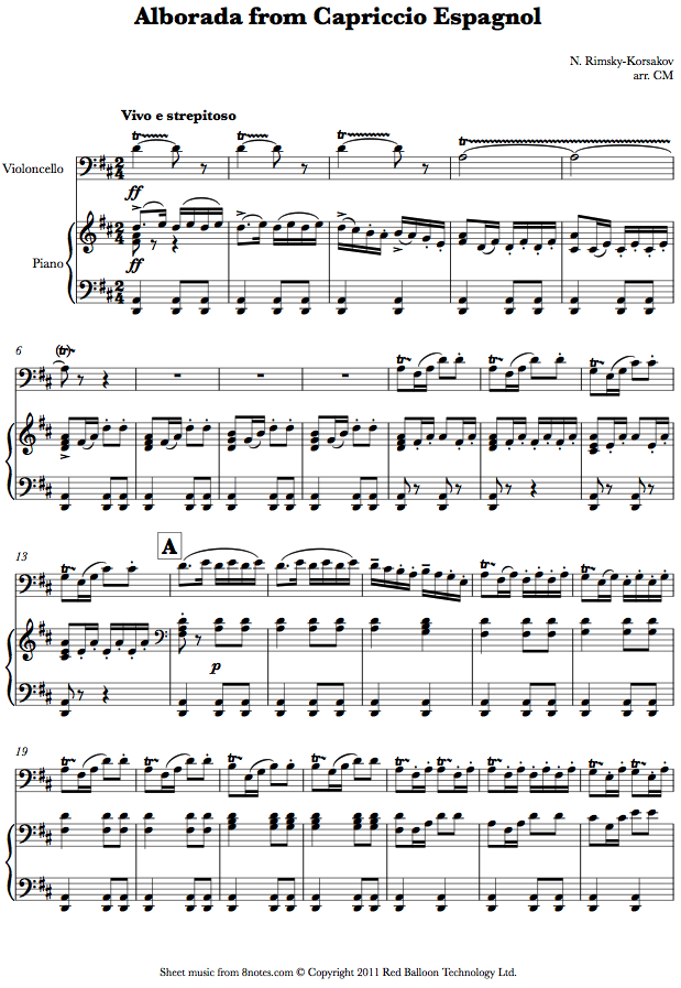 Rimsky-Korsakov - Alborada from Capriccio Espagnol sheet music for Cello Rimsky-Korsakov - Alborada from Capriccio Espagnol sheet music for Cello