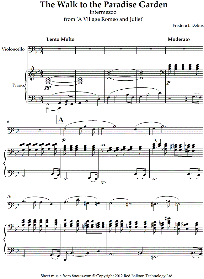 Delius - The Walk to the Paradise Garden- Intermezzo from A Village Romeo and Juliet sheet music for Cello Delius - The Walk to the Paradise Garden- Intermezzo from A Village Romeo and Juliet sheet music for Cello