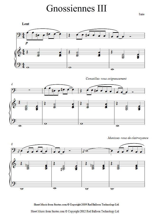 Satie - Gnossiennes III sheet music for Cello Satie - Gnossiennes III sheet music for Cello