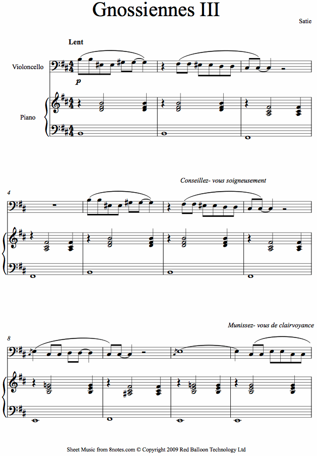 Satie - Gnossiennes no. 3 sheet music for Cello Satie - Gnossiennes no. 3 sheet music for Cello