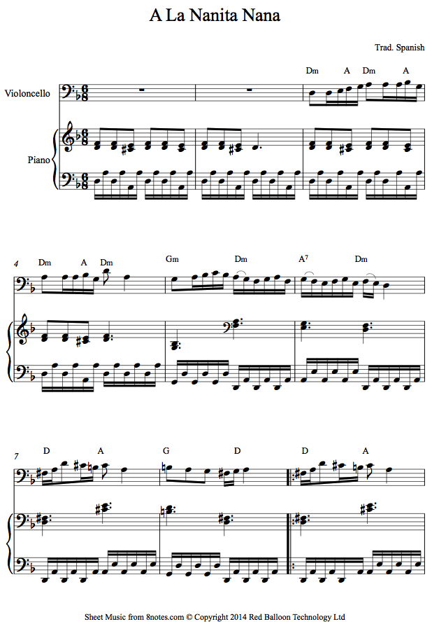 A La Nanita Nana (Spanish Traditional) sheet music for Cello