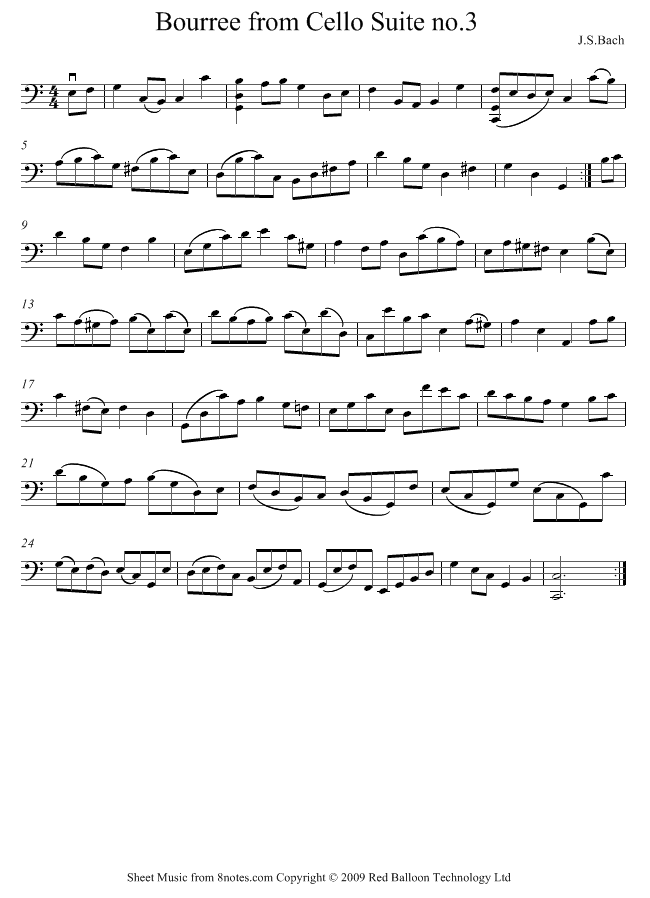 Bach - JS Bach - Bouree from Suite No.3 sheet music for Cello Bach - JS Bach - Bouree from Suite No.3 sheet music for Cello