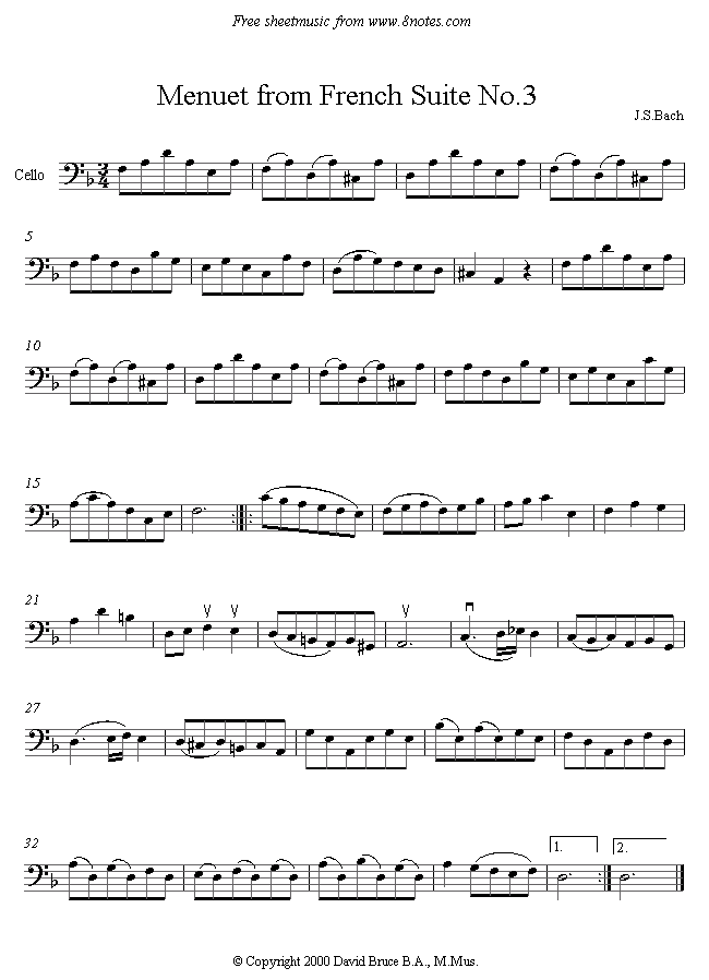Bach - Meneut from French Suite No.3 sheet music for Cello Bach - Meneut from French Suite No.3 sheet music for Cello