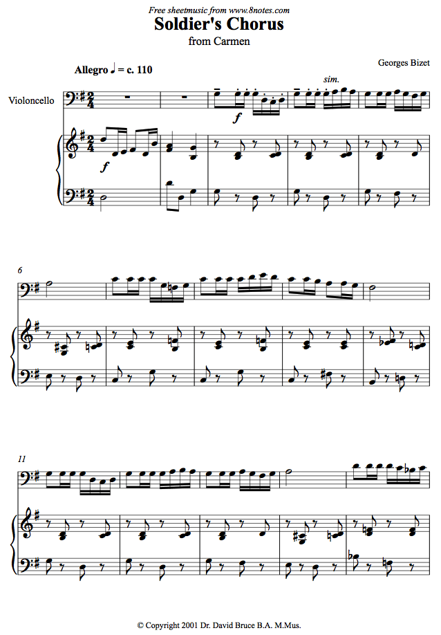 Bizet - Soldier's Chorus from Carmen sheet music for Cello Bizet - Soldier's Chorus from Carmen sheet music for Cello