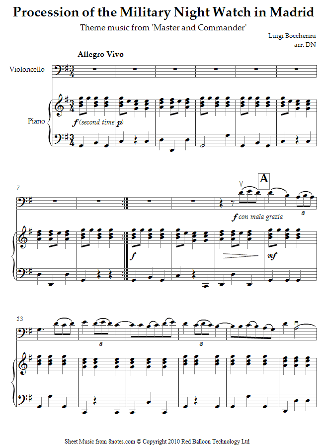 Luigi Boccherini - Procession of the Military Night Watch in Madrid (Theme from Master and Commander ) sheet music for Cello Luigi Boccherini - Procession of the Military Night Watch in Madrid (Theme from Master and Commander ) sheet music for Cello