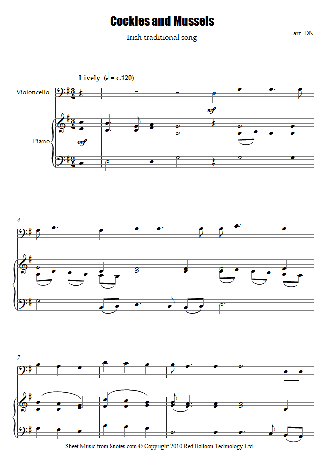 Cockles and Mussels sheet music for Cello Cockles and Mussels sheet music for Cello