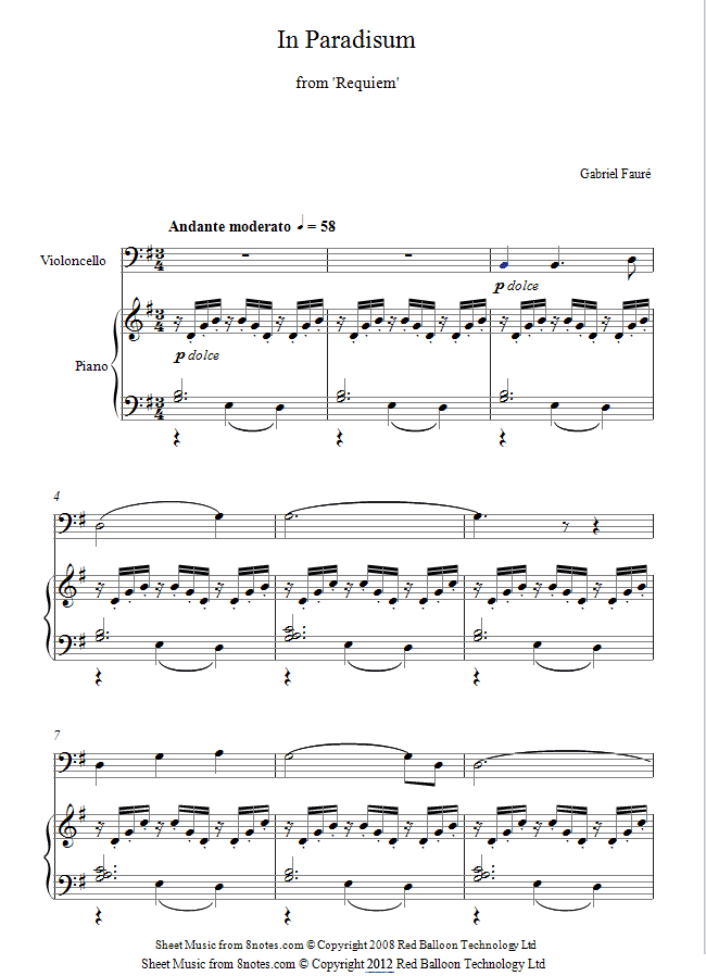 Fauré - In Paradisum from Reqiuem sheet music for Cello Fauré - In Paradisum from Reqiuem sheet music for Cello