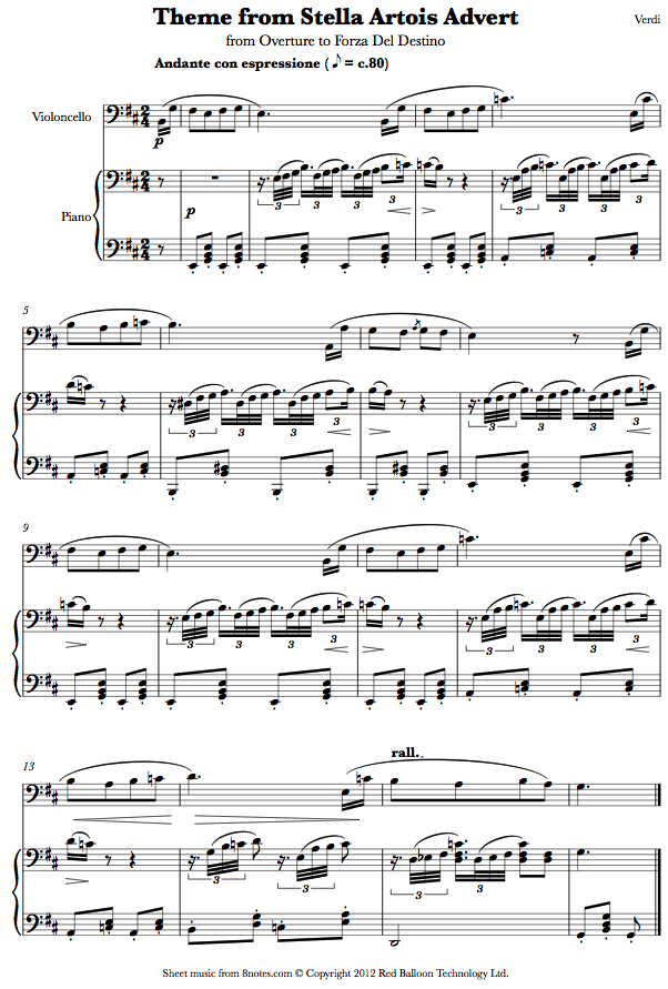 Giuseppe Verdi - Overture to Forza Del Destino(Theme from Stella Artois Advert ) sheet music for Cello Giuseppe Verdi - Overture to Forza Del Destino(Theme from Stella Artois Advert ) sheet music for Cello