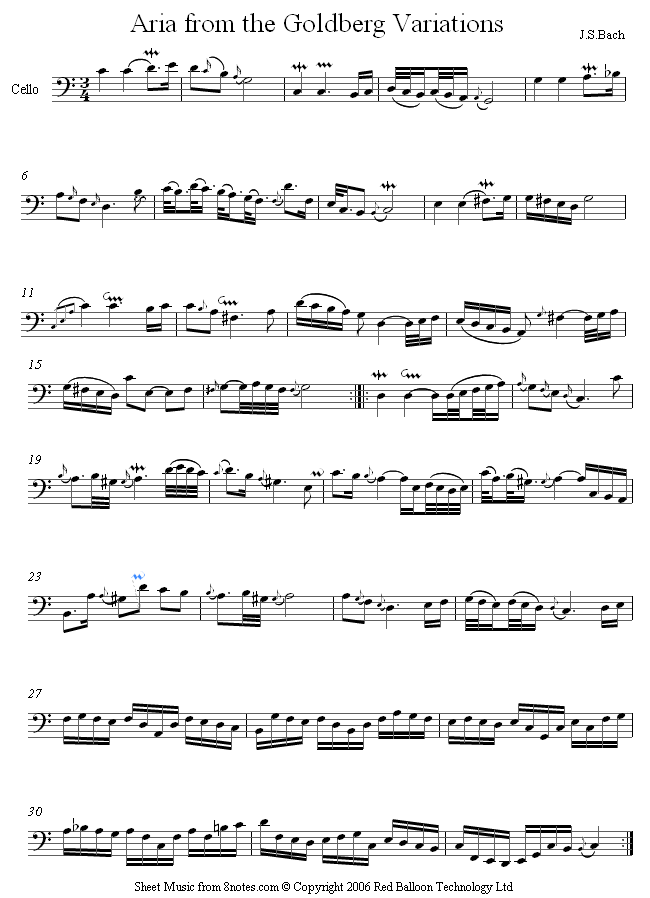 Bach - Aria from Goldberg Variations sheet music for Cello Bach - Aria from Goldberg Variations sheet music for Cello
