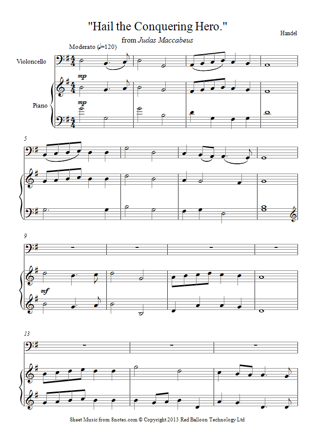 Handel - Hail the Conquering Hero sheet music for Cello Handel - Hail the Conquering Hero sheet music for Cello