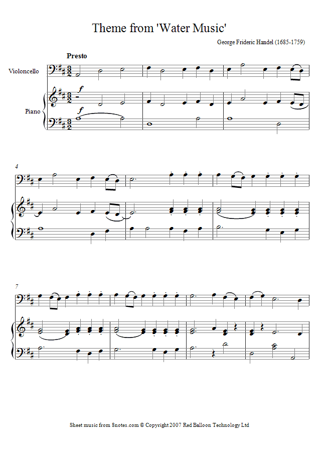 Handel - Theme from Water Music sheet music for Cello Handel - Theme from Water Music sheet music for Cello