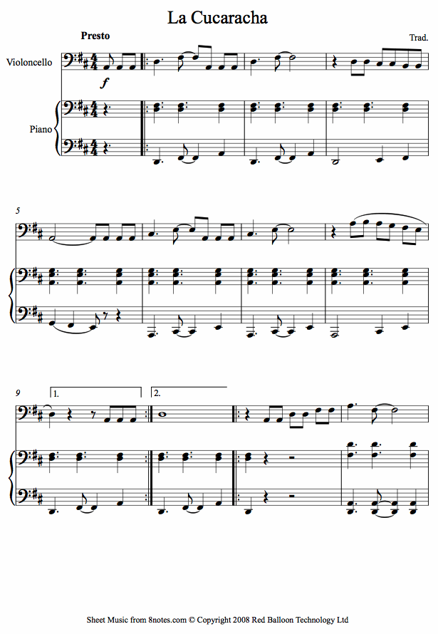 La Cucaracha (Mexico) sheet music for Cello La Cucaracha (Mexico) sheet music for Cello
