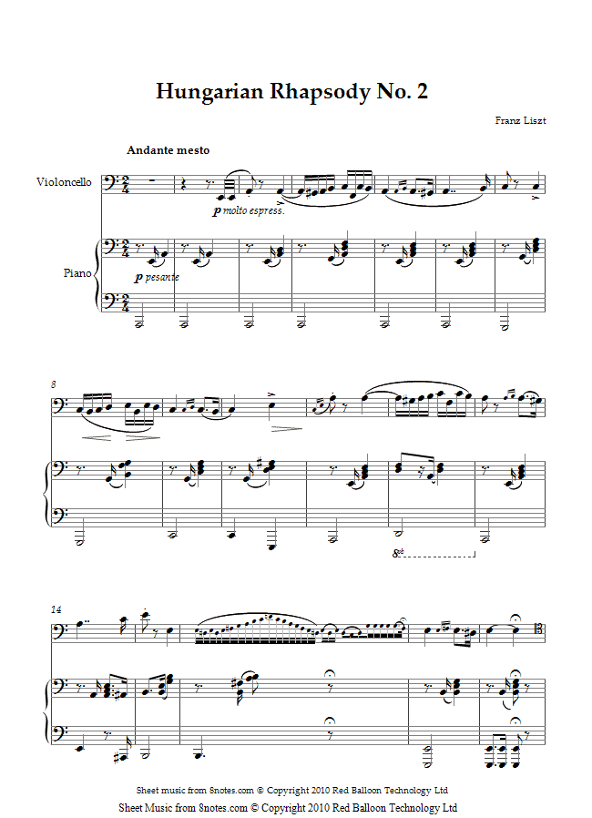 Liszt - Hungarian Rhapsody No. 2 sheet music for Cello Liszt - Hungarian Rhapsody No. 2 sheet music for Cello