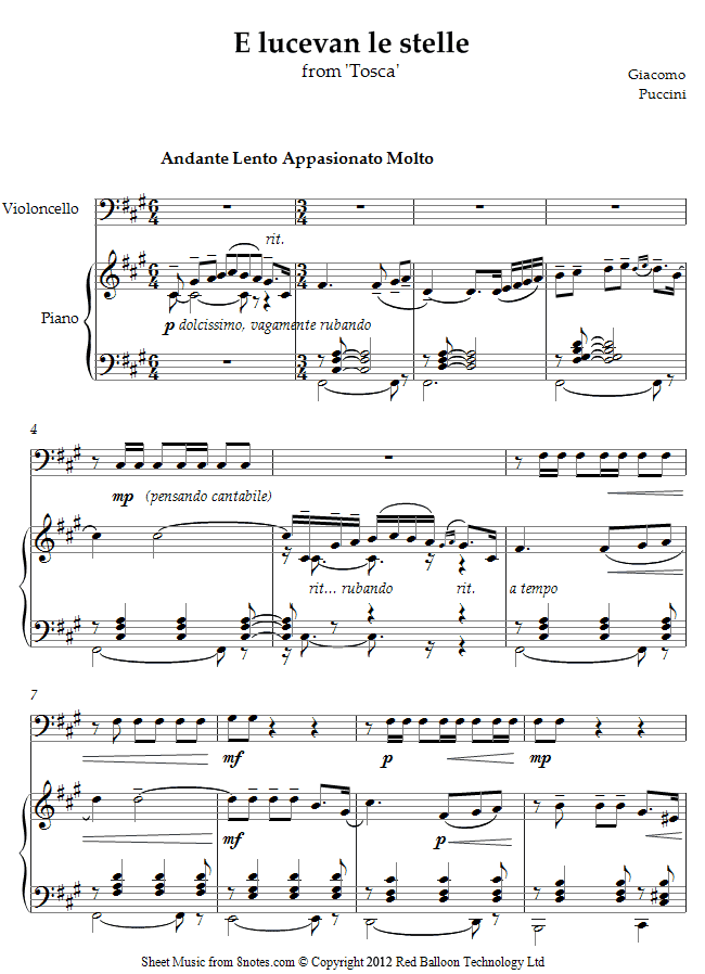 Puccini - E lucevan le stelle from Tosca sheet music for Cello Puccini - E lucevan le stelle from Tosca sheet music for Cello