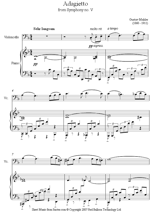 Mahler - Adagietto from Symphony No.5 sheet music for Cello Mahler - Adagietto from Symphony No.5 sheet music for Cello