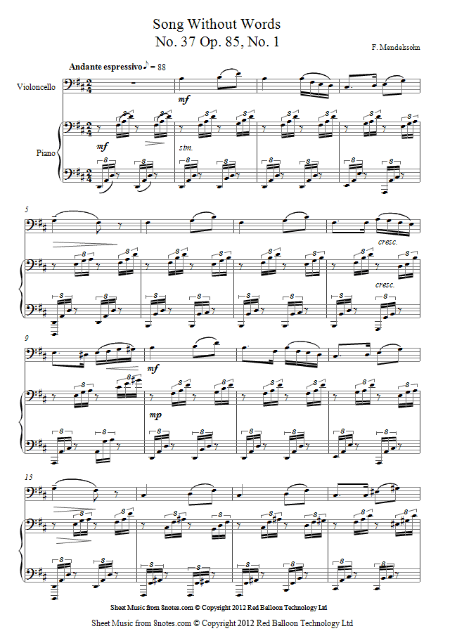 Mendelssohn - Song Without Words No. 37 Op. 85, No. 1 sheet music for Cello Mendelssohn - Song Without Words No. 37 Op. 85, No. 1 sheet music for Cello