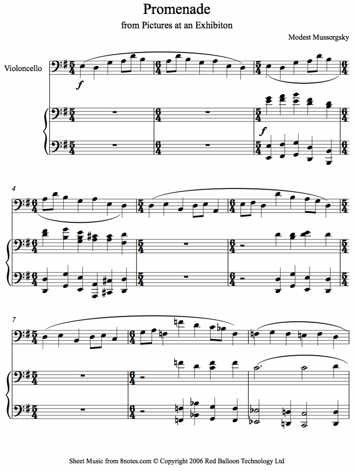 Mussorgsky - Promenade from Pictures at an Exhibition sheet music for Cello Mussorgsky - Promenade from Pictures at an Exhibition sheet music for Cello