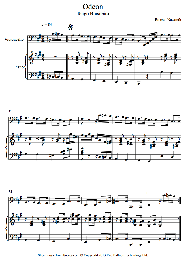 Ernesto Nazareth - Odeon (Tango Brasileiro) sheet music for Cello Ernesto Nazareth - Odeon (Tango Brasileiro) sheet music for Cello