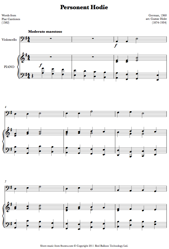 Holst - Personent Hodie (Words from Piae Cantiones) sheet music for Cello Holst - Personent Hodie (Words from Piae Cantiones) sheet music for Cello