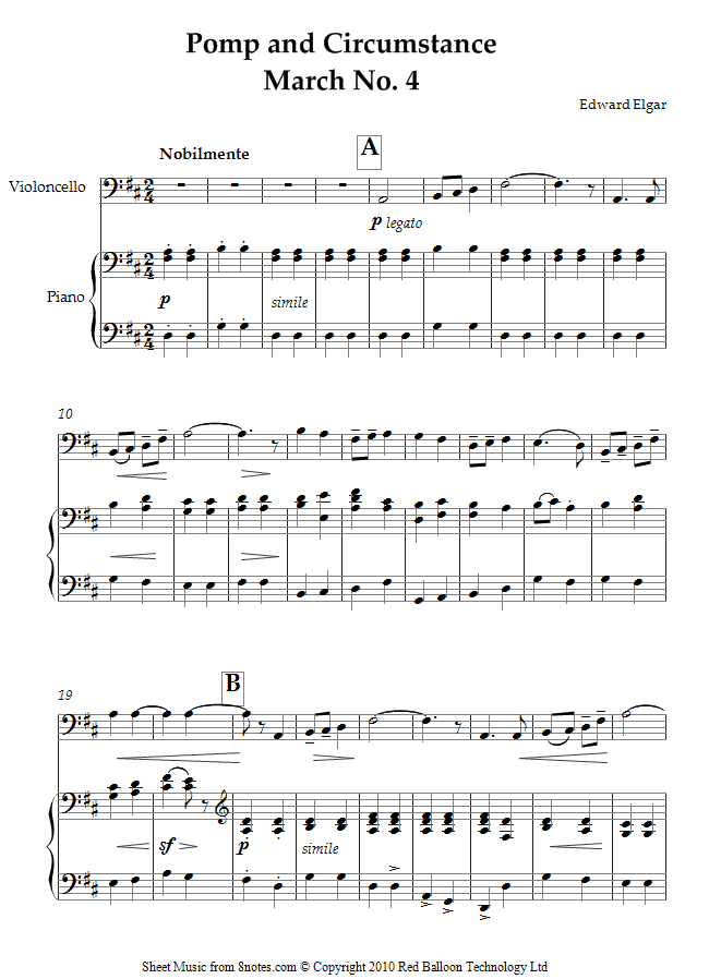 Elgar - Pomp and Circumstance March No. 4 sheet music for Cello Elgar - Pomp and Circumstance March No. 4 sheet music for Cello