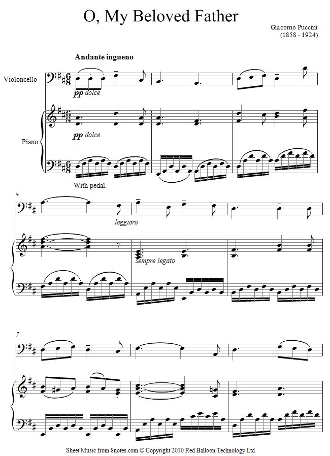 Puccini - O my beloved father sheet music for Cello Puccini - O my beloved father sheet music for Cello