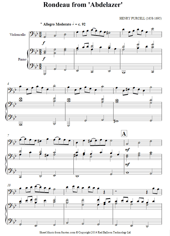 Purcell - Rondeau from Abdelazer sheet music for Cello Purcell - Rondeau from Abdelazer sheet music for Cello