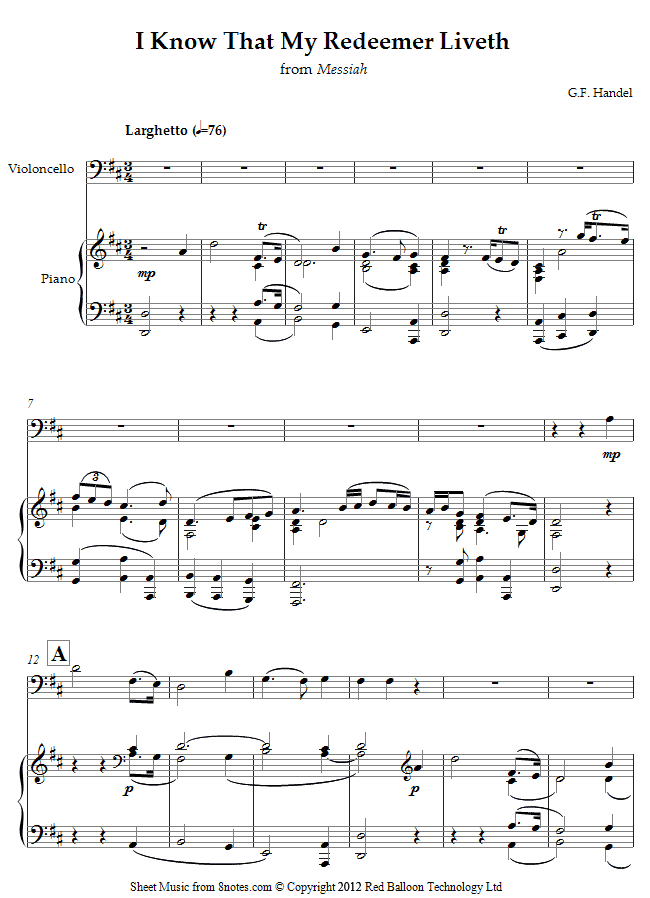 Handel - I Know That My Redeemer Liveth from Messiah sheet music for Cello Handel - I Know That My Redeemer Liveth from Messiah sheet music for Cello
