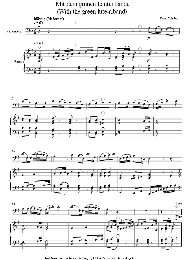 Schubert - With the green lute-riband sheet music for Cello Schubert - With the green lute-riband sheet music for Cello