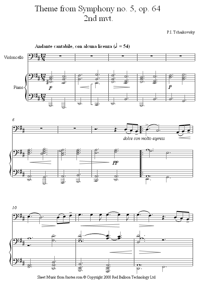 Tchaikovsky - Theme from Symphony no.5 op.64 2nd mvt sheet music for Cello Tchaikovsky - Theme from Symphony no.5 op.64 2nd mvt sheet music for Cello