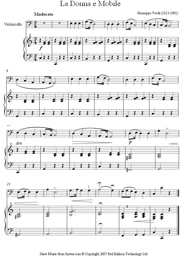 Verdi - La Donna e Mobile from Rigoletto sheet music for Cello Verdi - La Donna e Mobile from Rigoletto sheet music for Cello