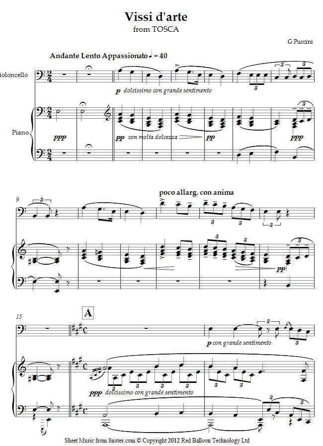 Puccini - Vissi d`arte from Tosca sheet music for Cello Puccini - Vissi d`arte from Tosca sheet music for Cello