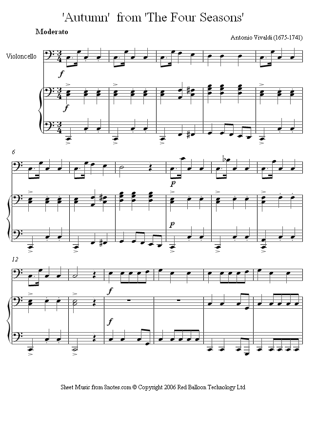 Vivaldi - Autumn from the Four Seasons sheet music for Cello Vivaldi - Autumn from the Four Seasons sheet music for Cello