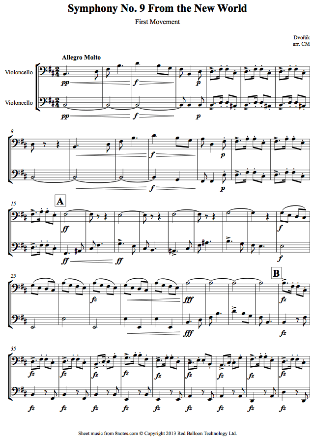 Dvořák - Symphony No. 9 From the New World 1st movement sheet music for Cello Duet Dvořák - Symphony No. 9 From the New World 1st movement sheet music for Cello Duet