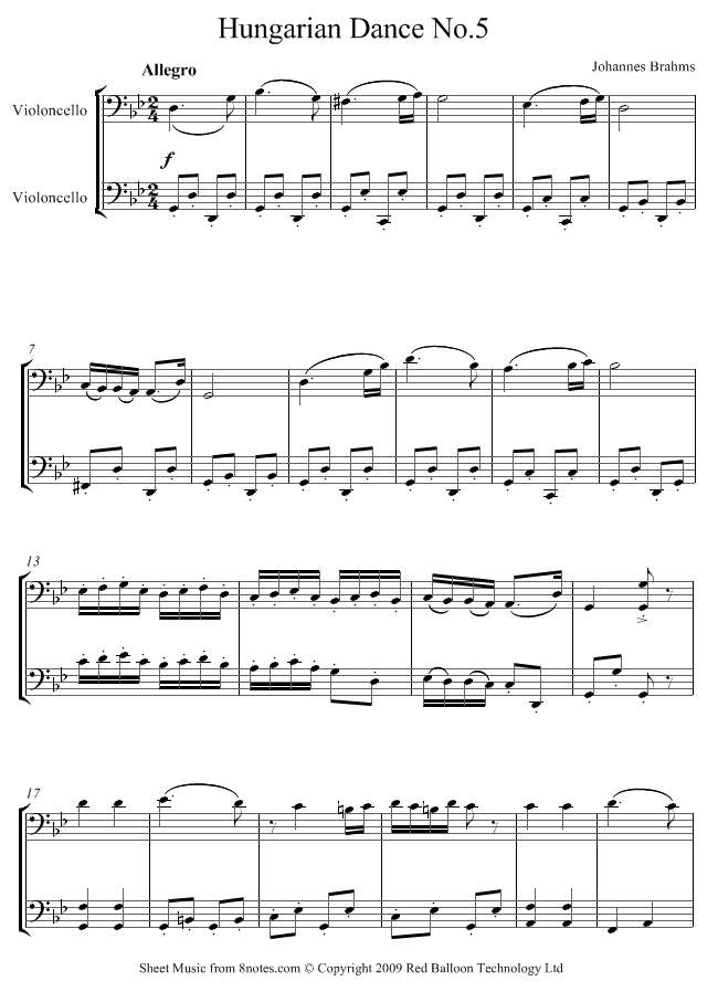 Brahms - Hungarian Dance No.5 sheet music for Cello Duet Brahms - Hungarian Dance No.5 sheet music for Cello Duet